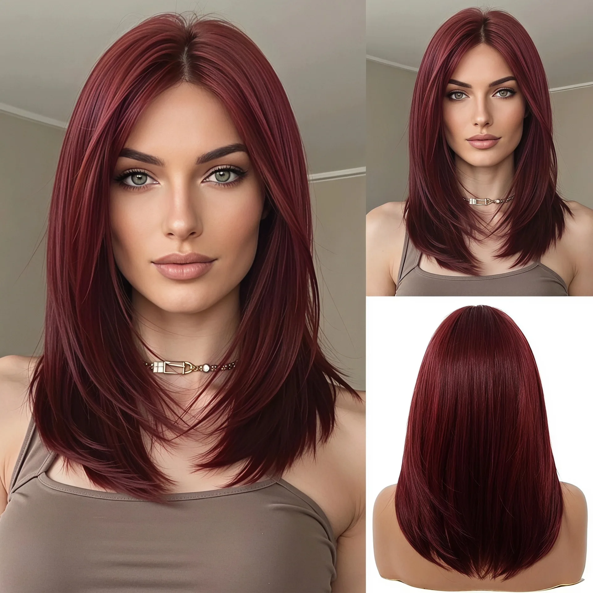 wig, new women's high-level eight-character bangs, burgundy high-temperature silk chemical fiber full head cover wig