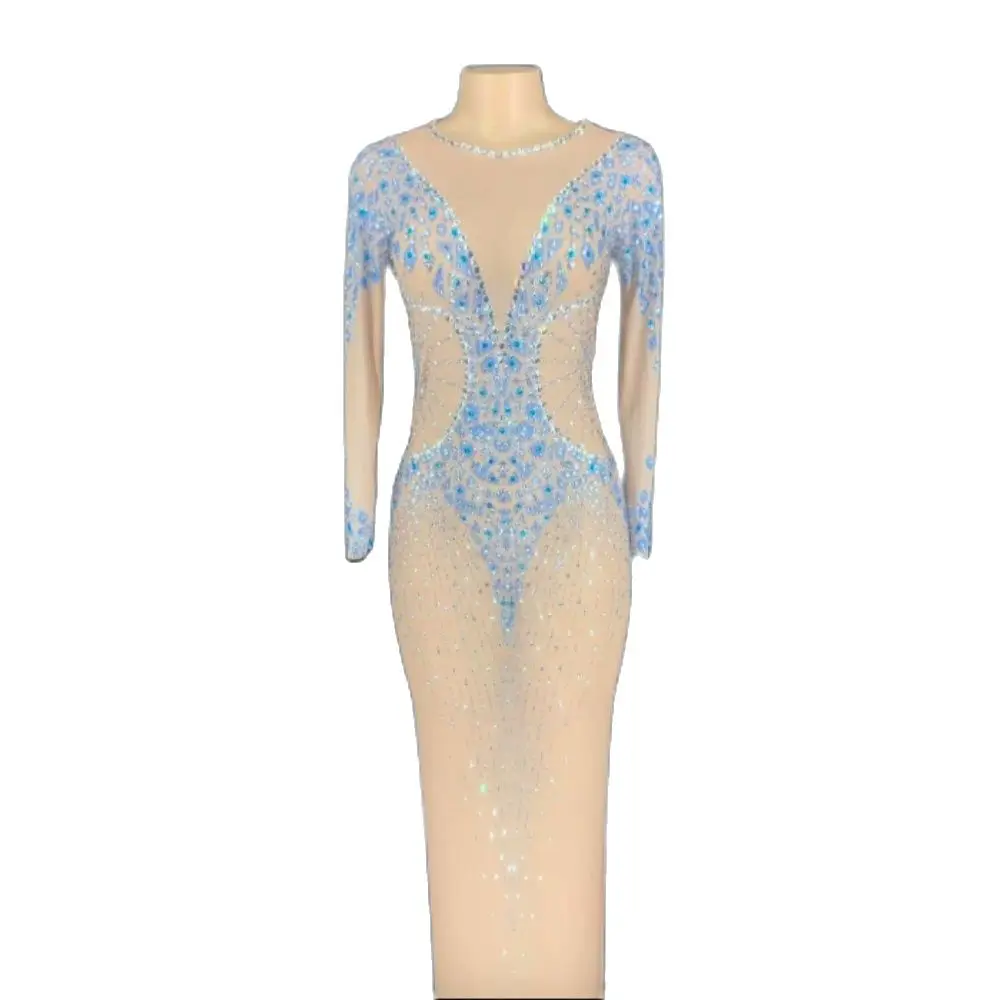 

Women New Blue Glass Rhinestones Transparent Halter Long Dress Birthday Celebrate Dress Prom Outfit Dance Mesh Perspective Dress