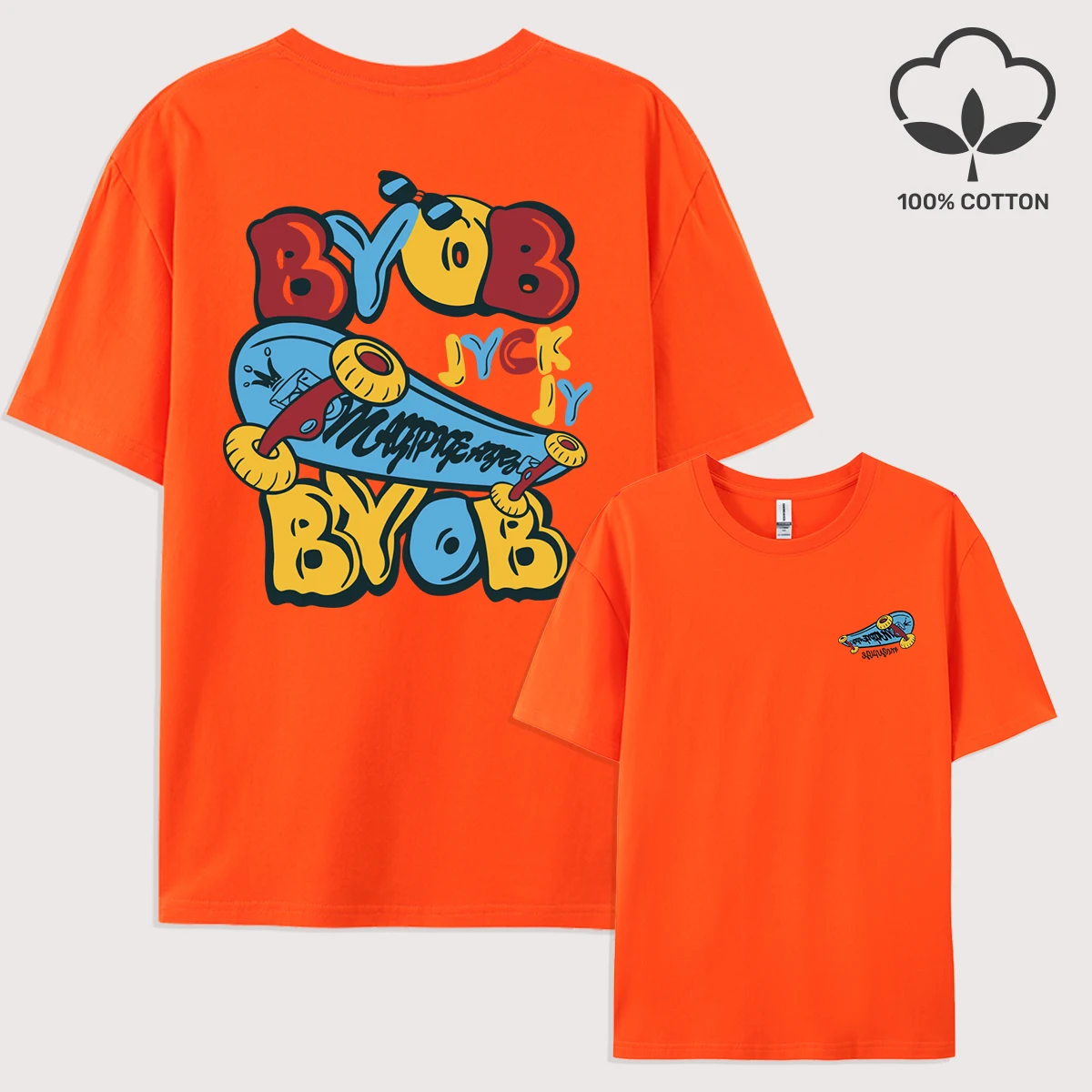 Byob Skateboard Cartoon Print Männer T-Shirts Baumwolle Crewneck Kurzarm Trendy Lose Streetwear All-Match Sommer Kleidung