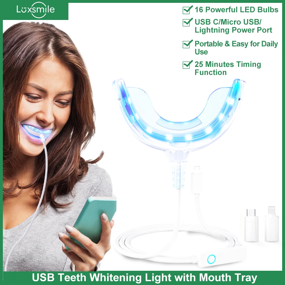 Luz de clareamento dental com bandeja bucal, 16 led, acelerador, luz azul para clareamento dental, temporizador inteligente, alimentado por usb do telefone