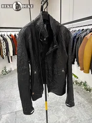 Runway Designer Mens Vintage Cowhide Genuine Leather Jacket Metal Gothic Punk Style Vintage Coat Luxury Handmade Slim Fit Jacket