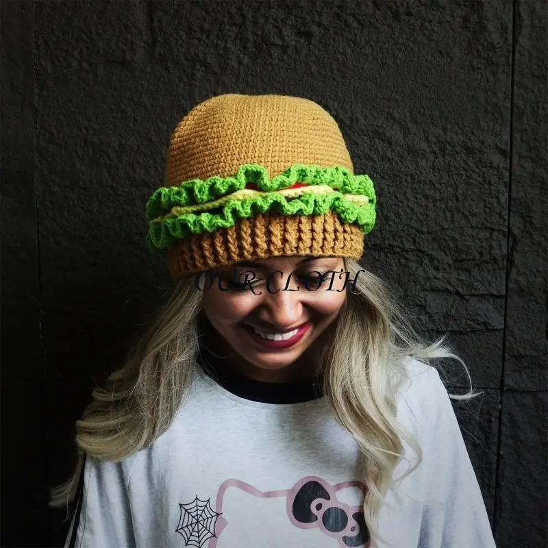 Knitted Hamburger Costume Hat for Female Male Unisex Novelty Outdoor Activity Pullover Hat Roleplay Hat Y1AC