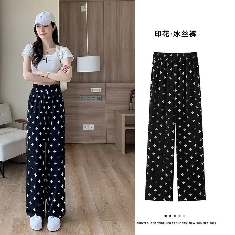 Summer versatile casual straight leg new wide leg pants for women with high waist and sagging tube pants, ice silk pants