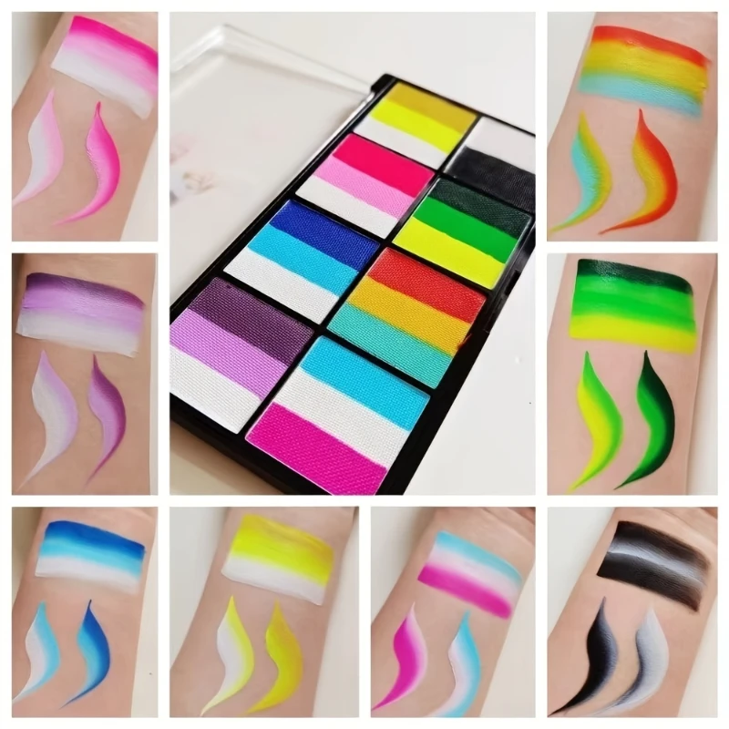 브러쉬 스텐실이 포함된 듀얼 톤 수성 페이스 & 바디 페인트 팔레트, 할로윈, 크리스마스를 위한 무독성 바디 페인트 팔레트 메이크업