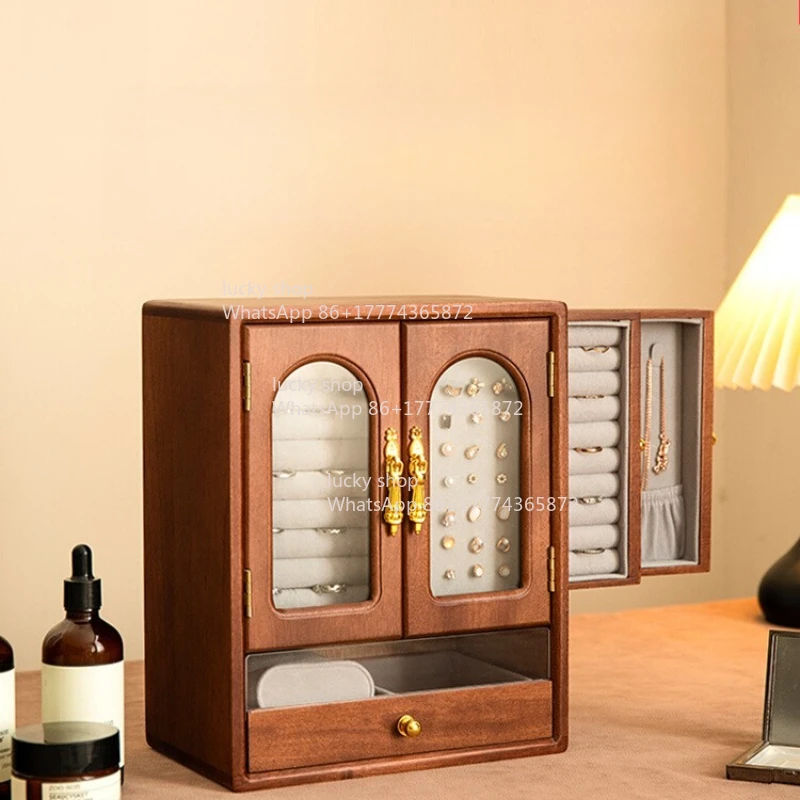 

Solid Wood Jewelry Box High-end Exquisite Vintage Necklace Ring Hand Jewelry Storage Cabinet Multi-layer