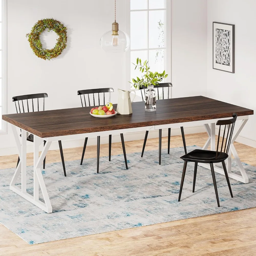 

Farmhouse Dining Table for 6-8 People, 78.7-Inch Rectangular Wood Dining Table, Rustic Kitchen Table with Heavy Duty Metal Legs