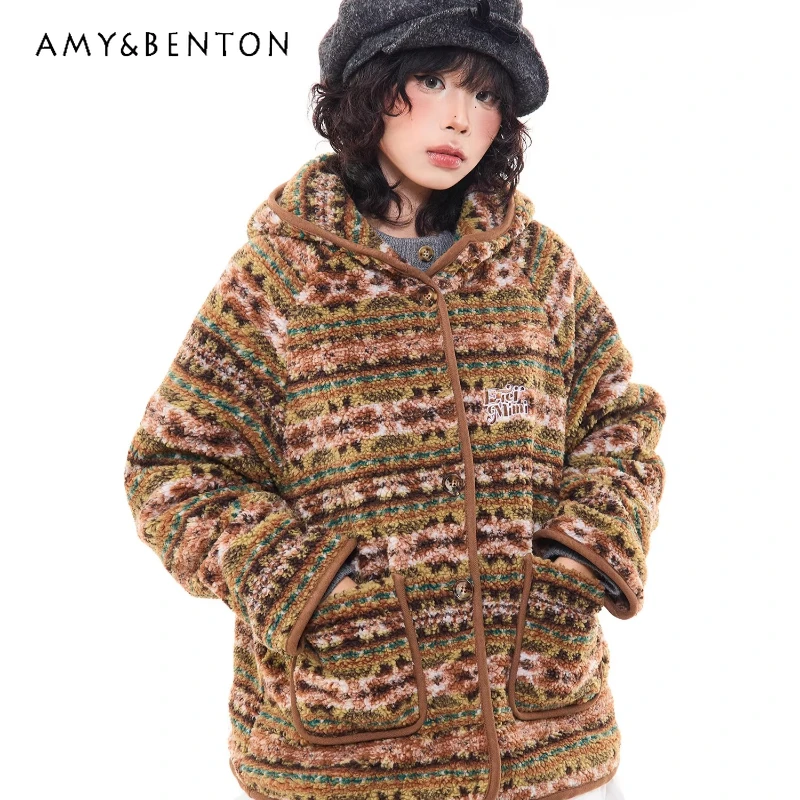 

American Original Retro Design Lamb Wool Hooded Women's Coat 2025 Winter New Loose Versatile Warm Cotton Jackets Ladies