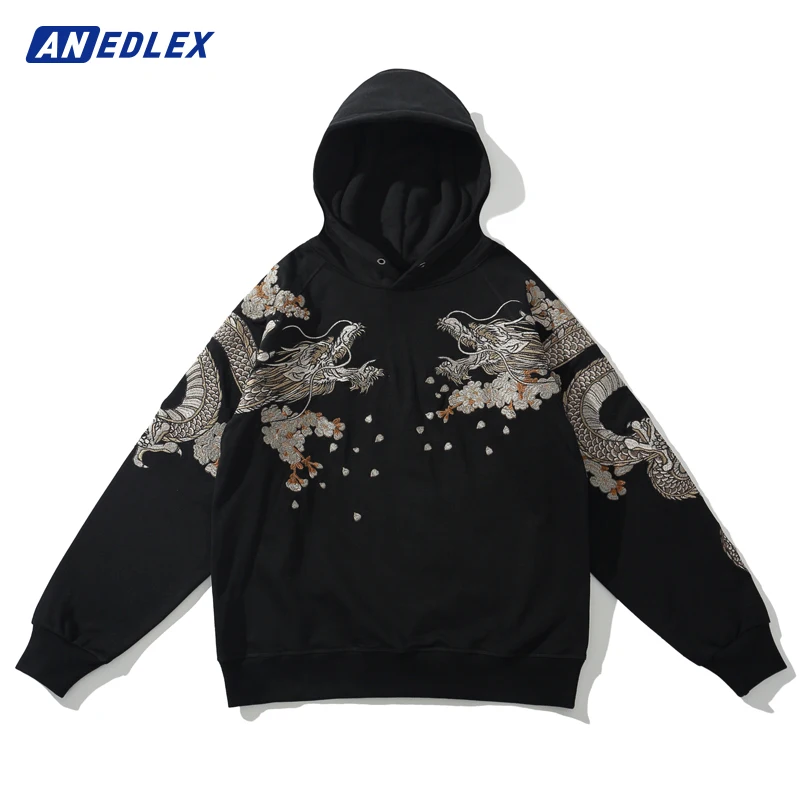 Hip Hop Streetwear Men Hoodie Sweatshirt Men Embroidery Dragon Flower Chinese Kanji Pullover Harajuku Cotton Hooded Hoodie Black