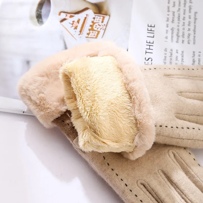 Guantes gruesos de lana 2024 para mujer, manoplas cálidas para pantalla táctil, versión coreana, a prueba de viento, para ciclismo, novedad de otoño e invierno, 100%