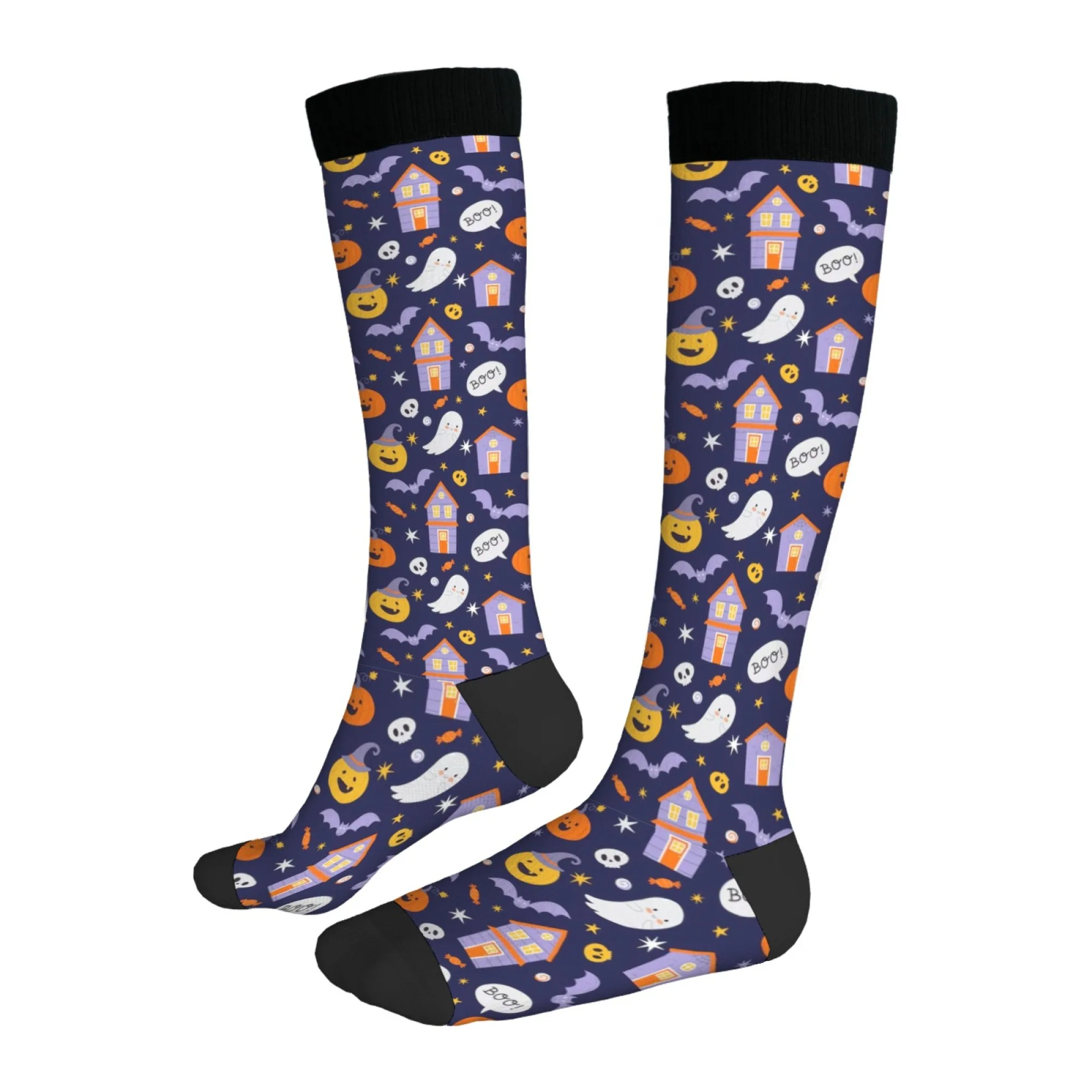 Halloween Fun Cute Cartoon Knee-High Socks Pumpkin Ghost Bat & Haunted House Patterns Dark Blue Palette Spooky Cute Vibe