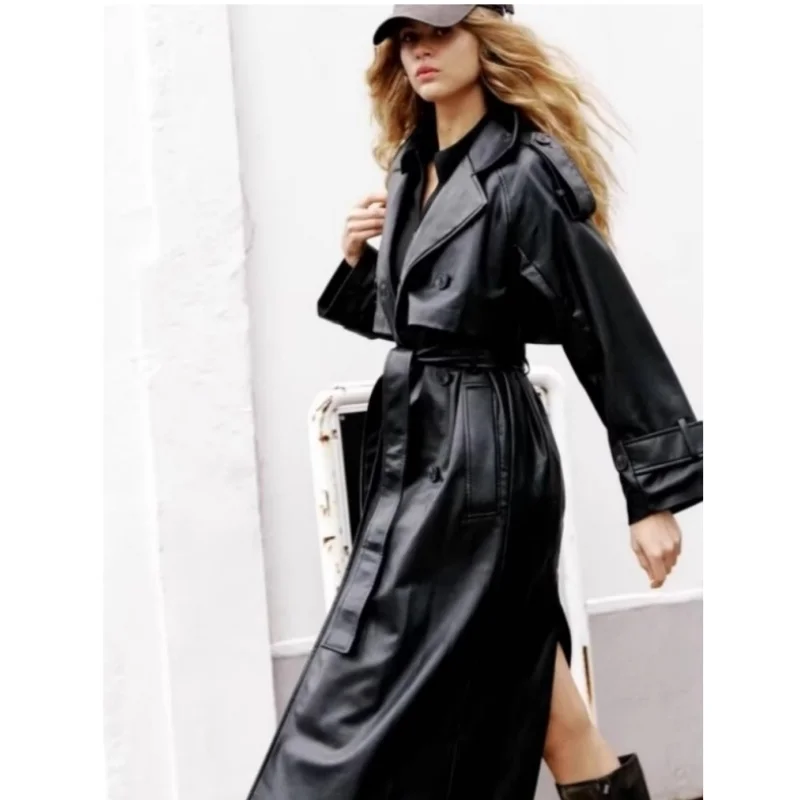 

New 2024 Autumn High-End Bla Faux Leather Loose Long Women's Jaet Coat Korean Casual Sle Regular Thin Long Sve