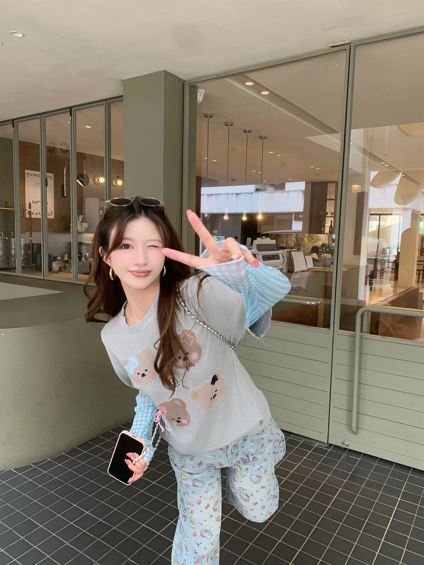 Xueke Grey Plaid Bear Pattern Long Sleeve T-Shirt Women's Summer  Casual Sun Protection Top Splicing Standard Fit round ...