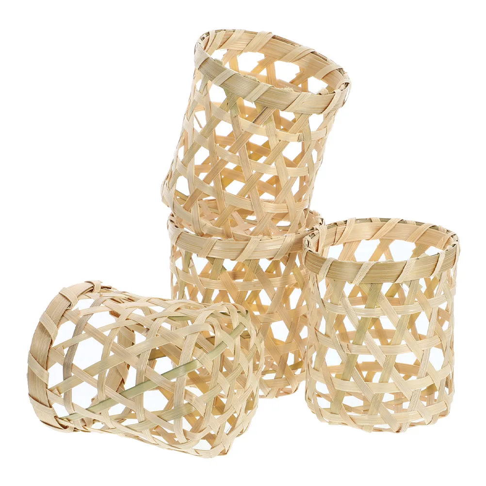 4Pcs Woven Bamboo Flowerpot Sleeve Compact Desk Planter Stand Rustic Garden Planter Holder for Potted Plants Bonsai Pot Pedestal