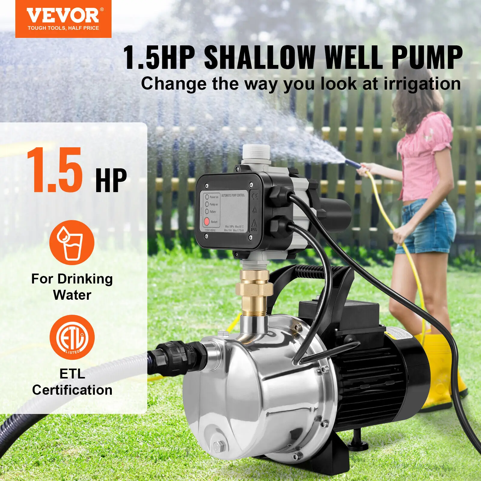 VEVOR Shallow Well Pump Portable Sprinkler Booster Jet Pumps with Automatic Controller for Garden Lawn Irrigation Water Transfer