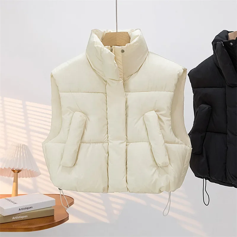 Women Warm Parkas Single Breasted Coats Autumn Winter Vest Coat Khaki High Waist Casual Vests Elegant Y2k Jackets Thick