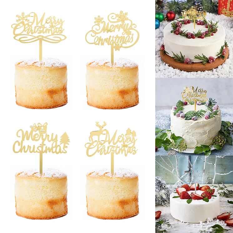 

Merry Christmas Cake Toppers Snowflake Elk Acrylic Cupcake Topper Navidad New Year Christmas Party Dessert Decoration Supplies