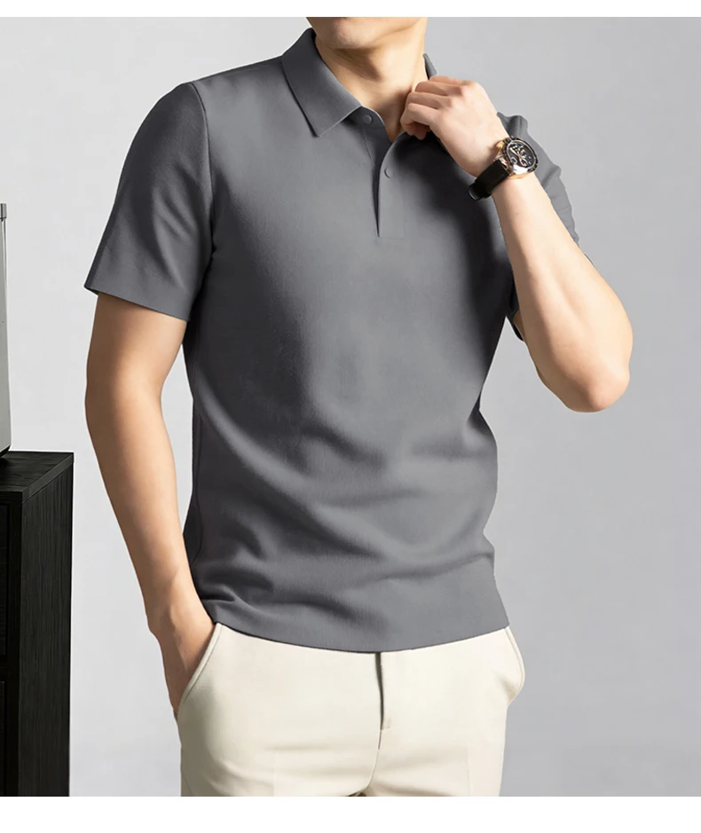 Modisches, einfarbiges Kurzarm-Poloshirt aus luxuriöser atmungsaktiver Eisseide für Herren Sommer Business Casual, bequem, vielseitig, T-Shirt – Detail 10