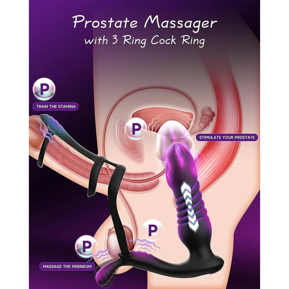 Anal Prostate Massager 3 Ring Vibrating Cock Ring,Anal Plug Male Sex Toy With 10 Thrusting & 10 Vibrating  Sex Toys For Men