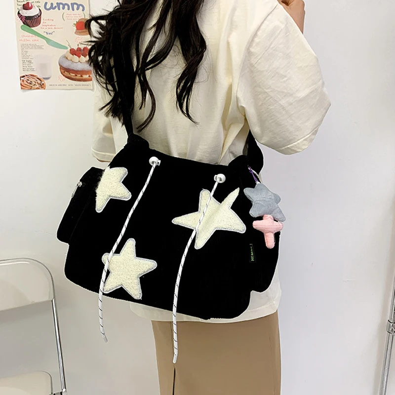 Large-Capacity Corduroy Commuter Student Cute Shoulder Crossbody Bag Five-Pointed Star Corduroy Tote Messenger Bag with Pendant