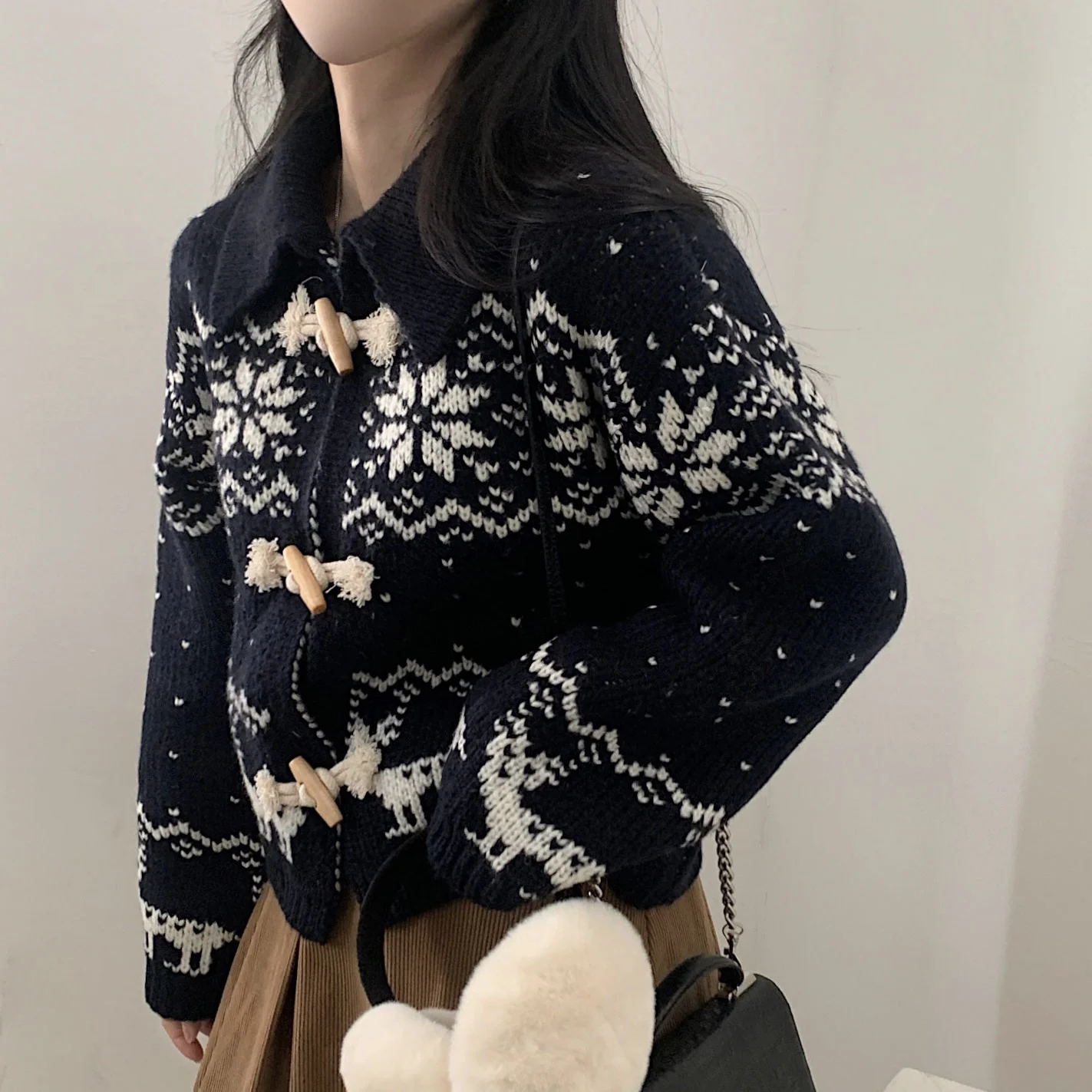 Ins Fair Isle Knitted Cardigan Short Style Collar Atmosphere Sweater Jacket Vintage Horn Buttons Casual Thickened Autumn Wint...