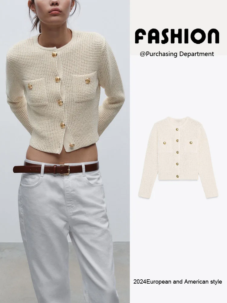 

Spring New Arrival Women's Knitted Long Sve round Ne Jaet Golden Button Decorated Versatile Outerwear Commute Sle