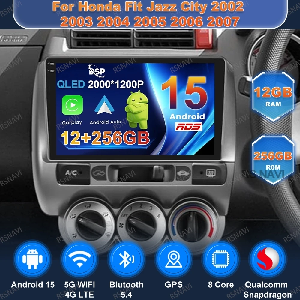 

Автомобильный радиоприемник Android 15 для Honda Fit Jazz City 2002 2003 2004 2005 2006 2007 Viedo Player 5G WIFI BT Авторадио DVD QLED Навигация
