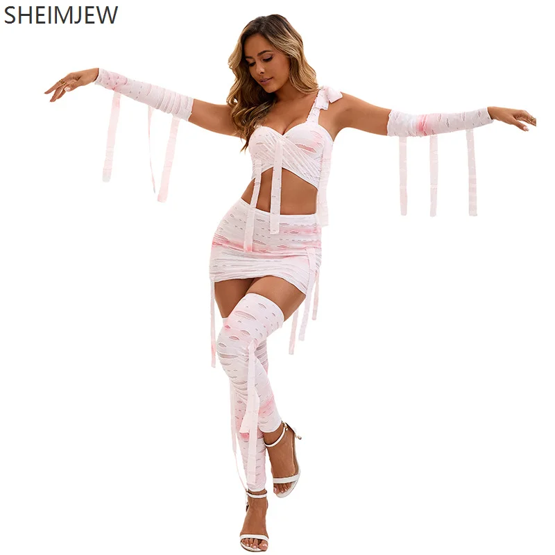 

Halloween Women's Cos Bandage Mummy Costume Party Role Play Bloody Vampire Top Skirt Leg Set Stage Performance Costume Suit 2025