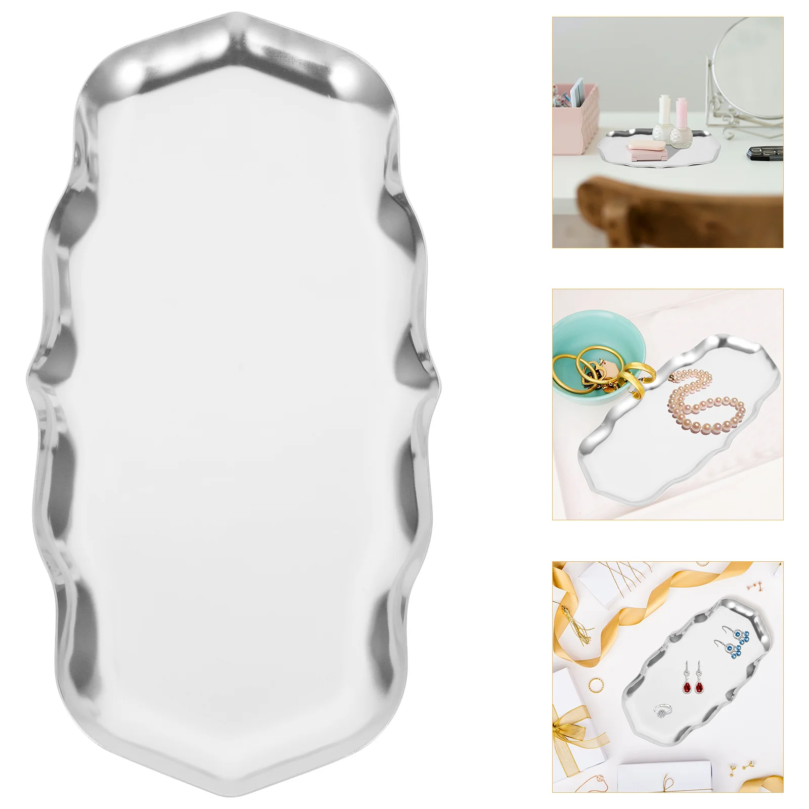 

Stainless Steel Jewelry Organizer Tray Desktop Holder Decorative Plate for Rings Necklaces Bracelets Storage Jewelry Dish Tray