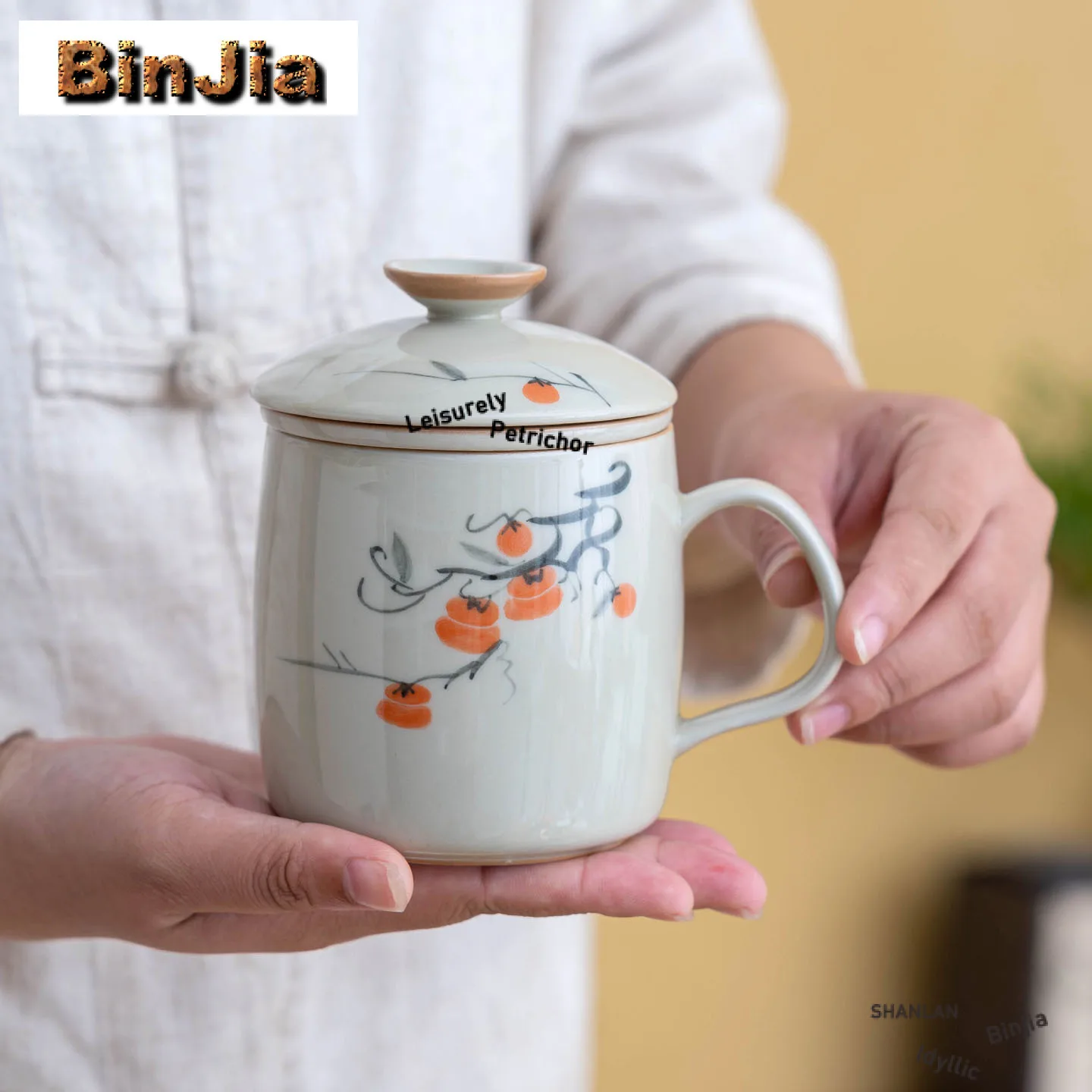 340ml Hand-painted Persimmon Filter Tea Separator Cup Elegant Tea Mug with Infuser Household Tea Maker Office Water Cup Gift