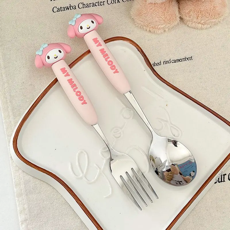 Sanrio Helokitty Mymelody Cinnamoroll Spork and Spoon Set Cartoon 304 Stainless Steel Small Spoon Fork Student Dining Tableware