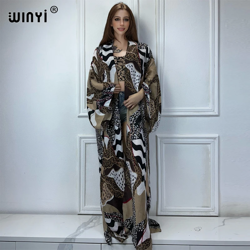 WINYI afryka moda lato kimono maxi sukienka plażowa zakrycie sweter boho seksowny płaszcz abaje wzór w cętki stroje plażowe damskie