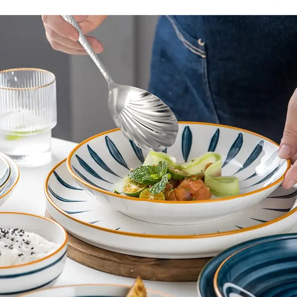 Hammered Patter Handle Shell Shape Soup Spoon Stainless Steel Mirror Polishing Shared Spoon Thickened Large Serving Scoop