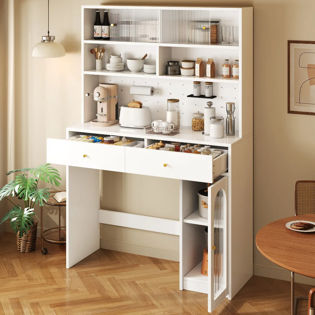 Weißer Küchenschrank mit Arbeitsplatte, Barfunktion, Hakenleiste, Schubladen, verstellbarem Regal und offenem Stauraum für Küche und Esszimmer
