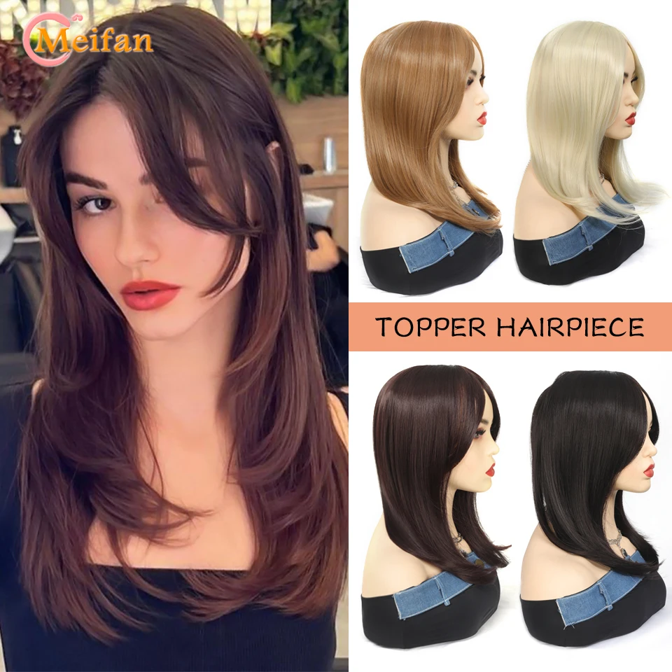 

MEIFAN Synthetic Long Straight Hair Topper Hairpieces With Middle Part Bangs Invisible Natural False Hairpieces For Women