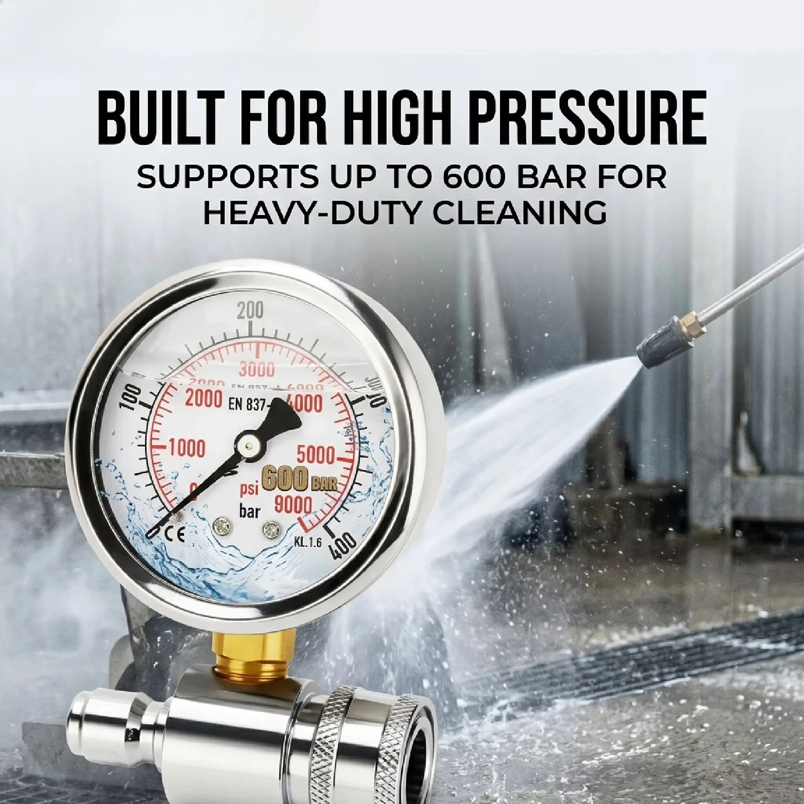 High Pressure Gauge 600Bar PSI 3/8 Pressure Washer Water Cleaning Industrial Gauge Stainless Steel Dual Scale