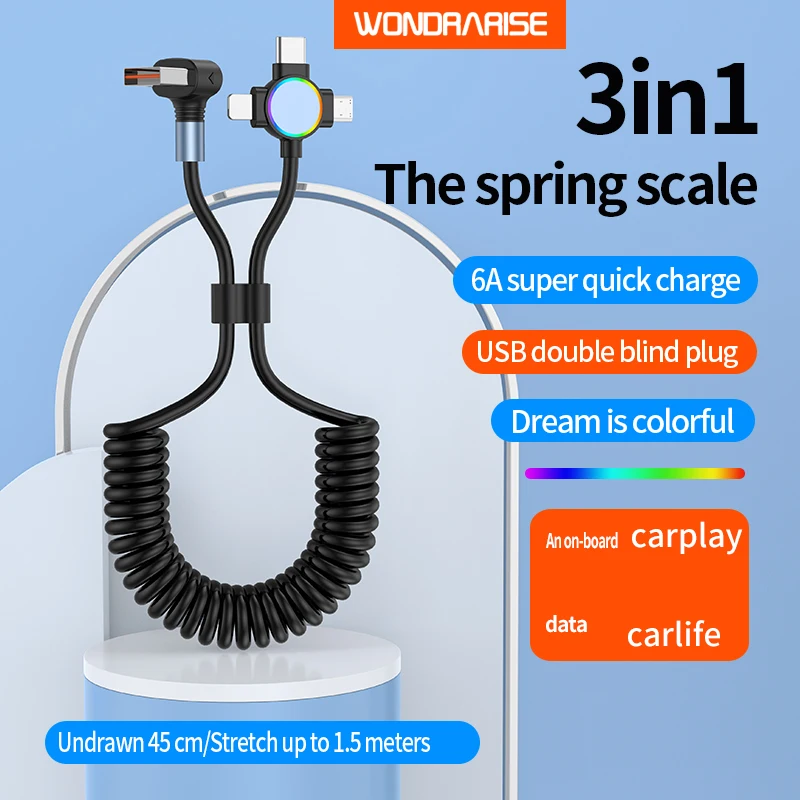 

WONDRARISE 3 in 1 Car Spring charging cable 66w USB to type C MiroUSB IOS for Iphone Android Samsung Oneplus Xiaomi