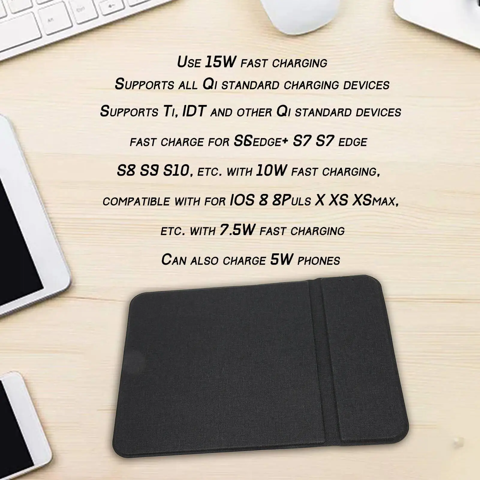 15W Fast Charging Qi Standard Mouse Pad - Anti-Slip Base for home Office, Black Gaming Mouse Mat