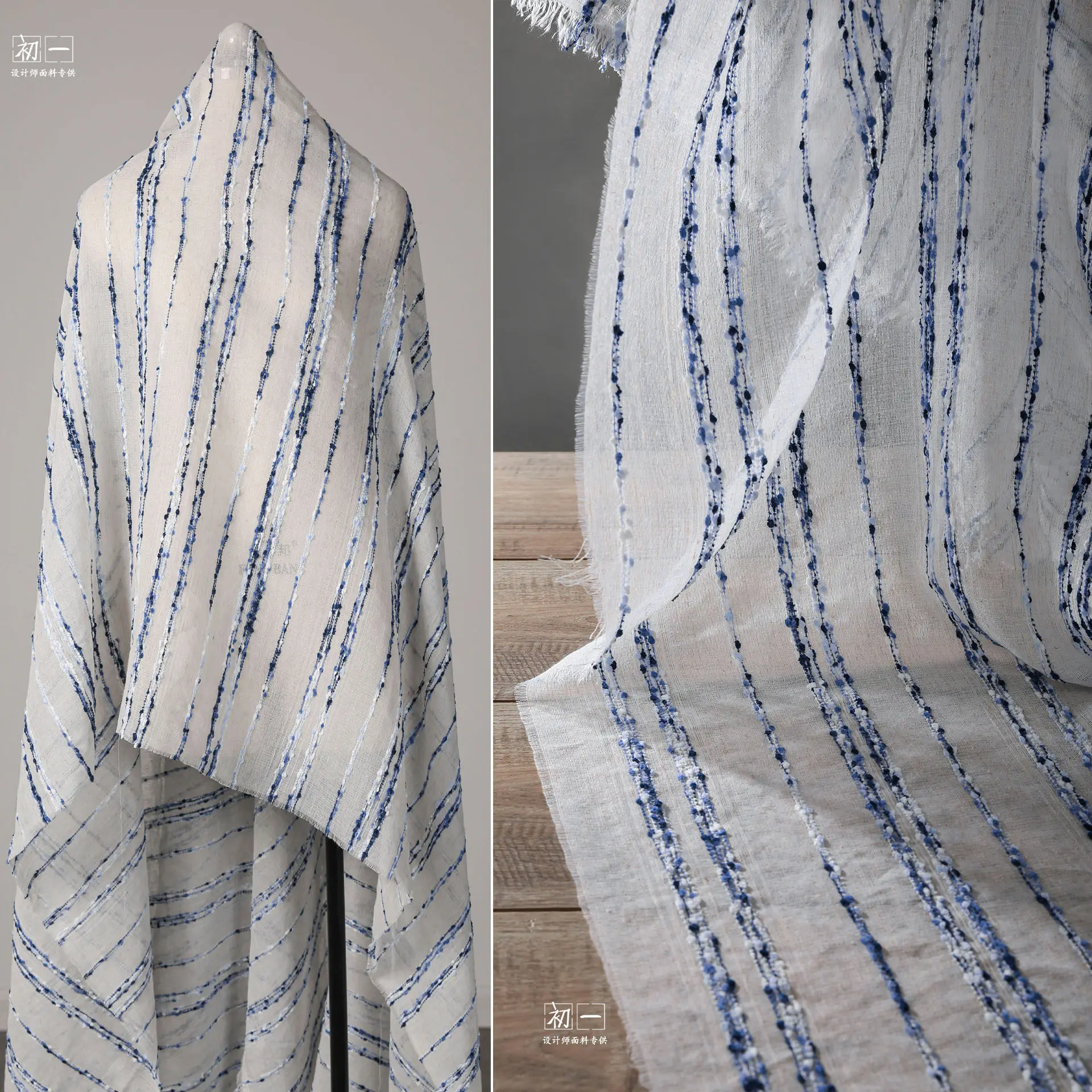 Blue and White Velvet Three-Dimensional Striped Texture Cotton Yarn Mesh Lightweight Micro Transparent Dress Designer Fabric