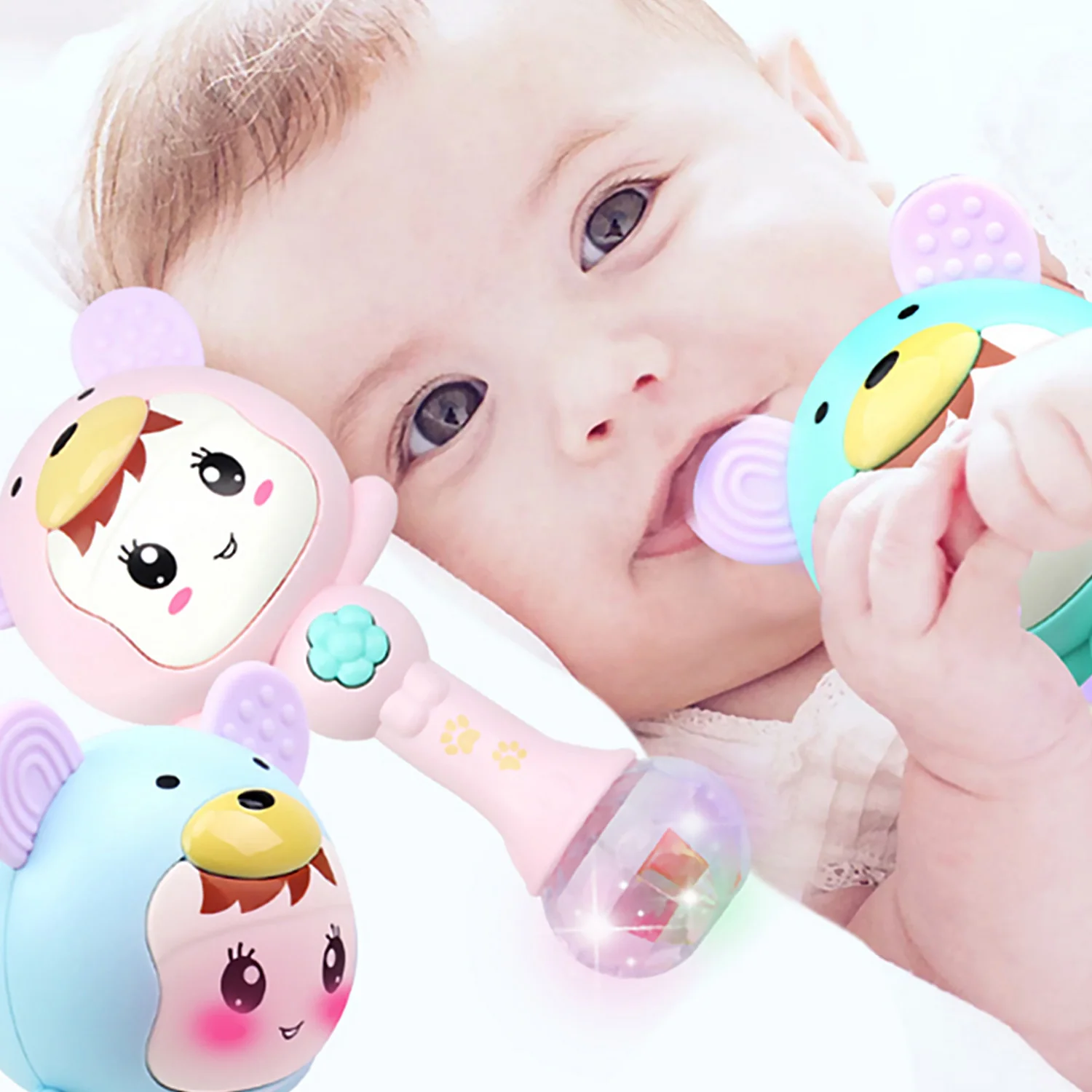 Cute Cartoon Rattle Shaker Toy Infant Handheld Molar Stick Teether Musical Toy with Colorful Light Effect for 0-1 Year Toddlers