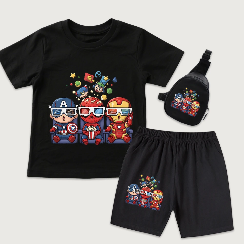 

Детский комплект из 3 предметов: футболка с принтом «Мстители» (чипи-версия), шорты и мини-сумка на грудь, мягкий летний наряд для мальчиков и девочек