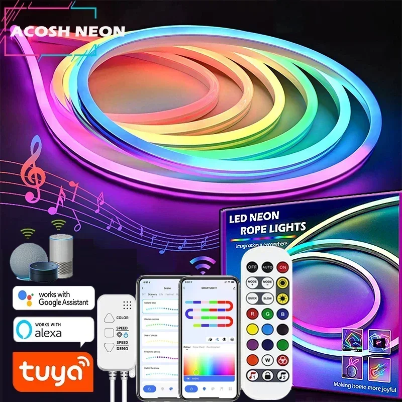 

Neon LED Strip Lights 12-24V 84LEDs/M WIFI Neon Rope Light with Music Sync RGBIC Dreamcolor Chasing Strip Tape for Room