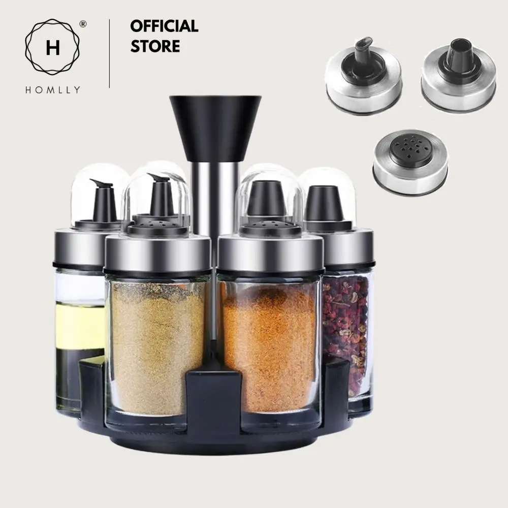 Homlly Rotary Glass Condiment Spice Bottle Stand Set (6 Pcs)