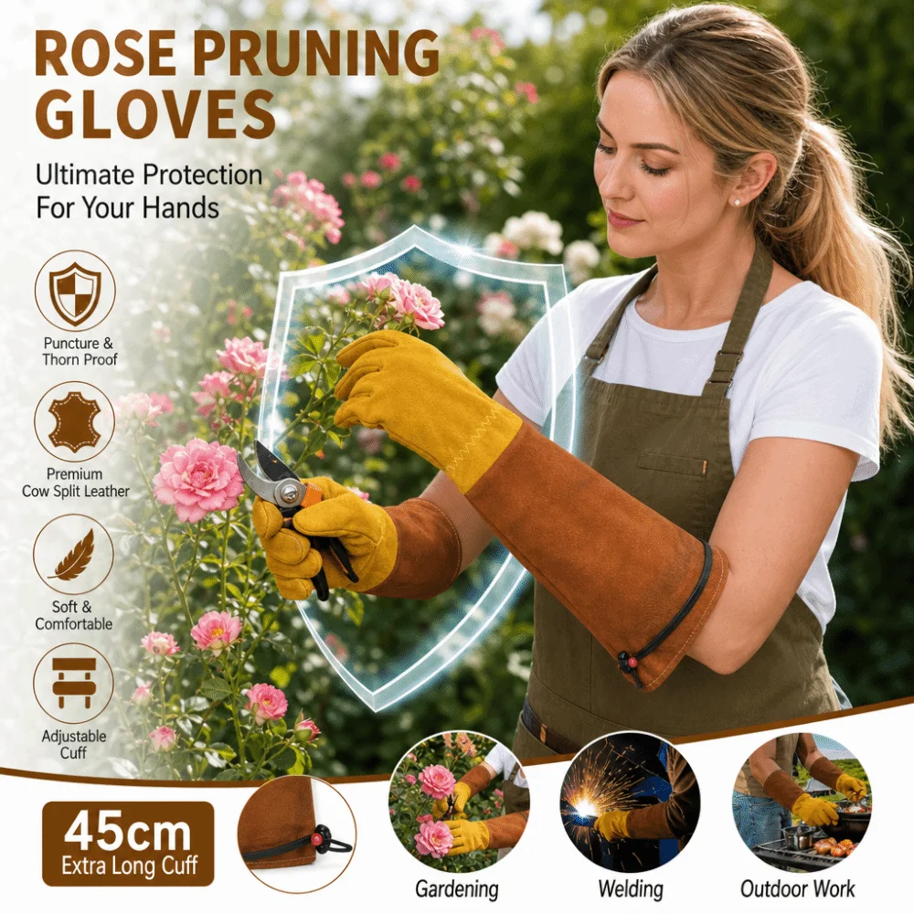 Cowhide Long Gardening Gloves Thorn Proof Non Slip Rose Pruning Leather Gloves Breathable Heat-Insulated Welding Work Gloves