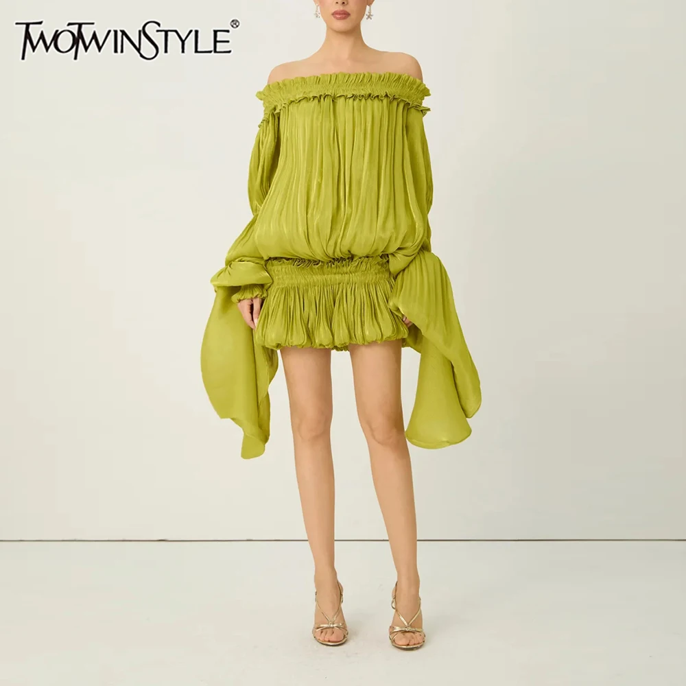 Robe ample unie à plis et empiècements TWOTWINSTYLE pour femme, col bateau, manches longues, robes a