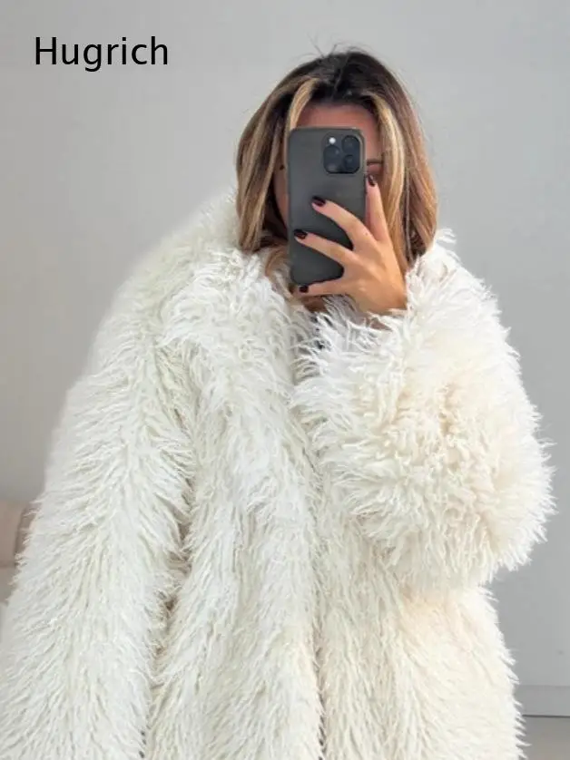 Ladies Oversized Shaggy Furry Coat Wide Lapel Collar Open Front Long Sleeve Soft Plush Warm Winter Outer Jacket
