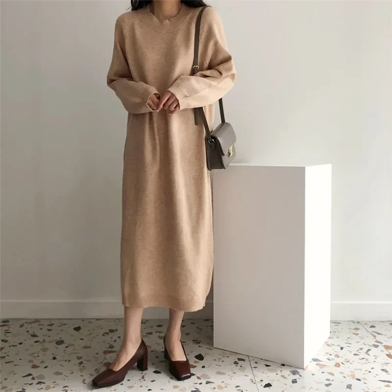 Women Fall Winter O Neck Lazy Style Knit Dress Black Red Oversize Fashion Mid-length Loose Casual Bottoming Warm Sweater Dress
