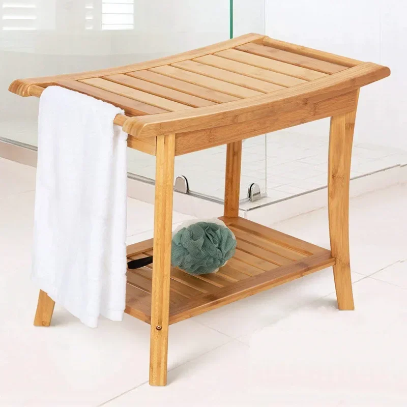 

Thickened Shower Bench Bathroom Stool Double Layer Bamboo Toilet Foot Rest Multi-functional Step Tools Shower Bench