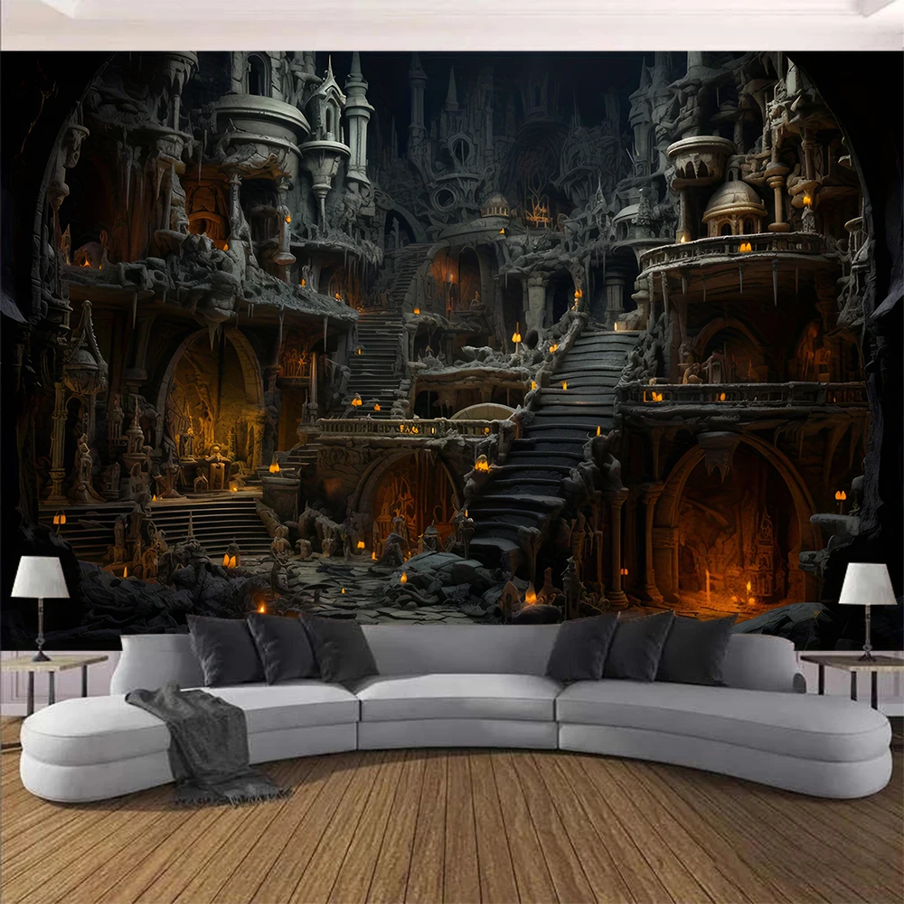 Vintage Gothic Castle Wandteppich Horror Thema Wandbehang für Halloween Dekor Vampir Castle Innenszene Party Dekoration