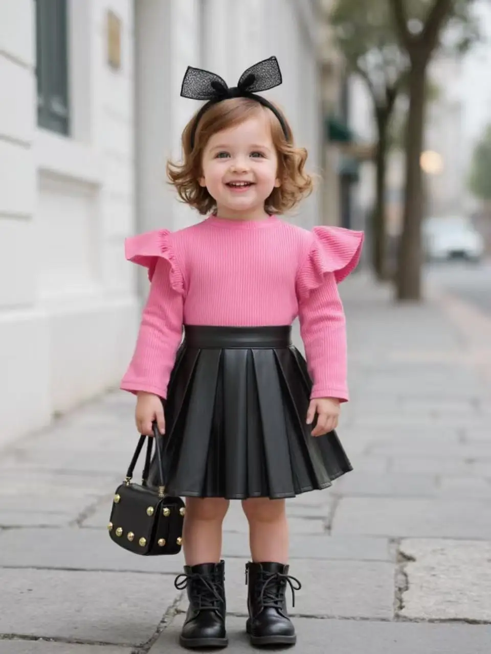 

Kids Knit Ribbed Long Sleeve Top Pleather Skirt Set Winter Girls High Neck Two Piece Outfit 90-130CM