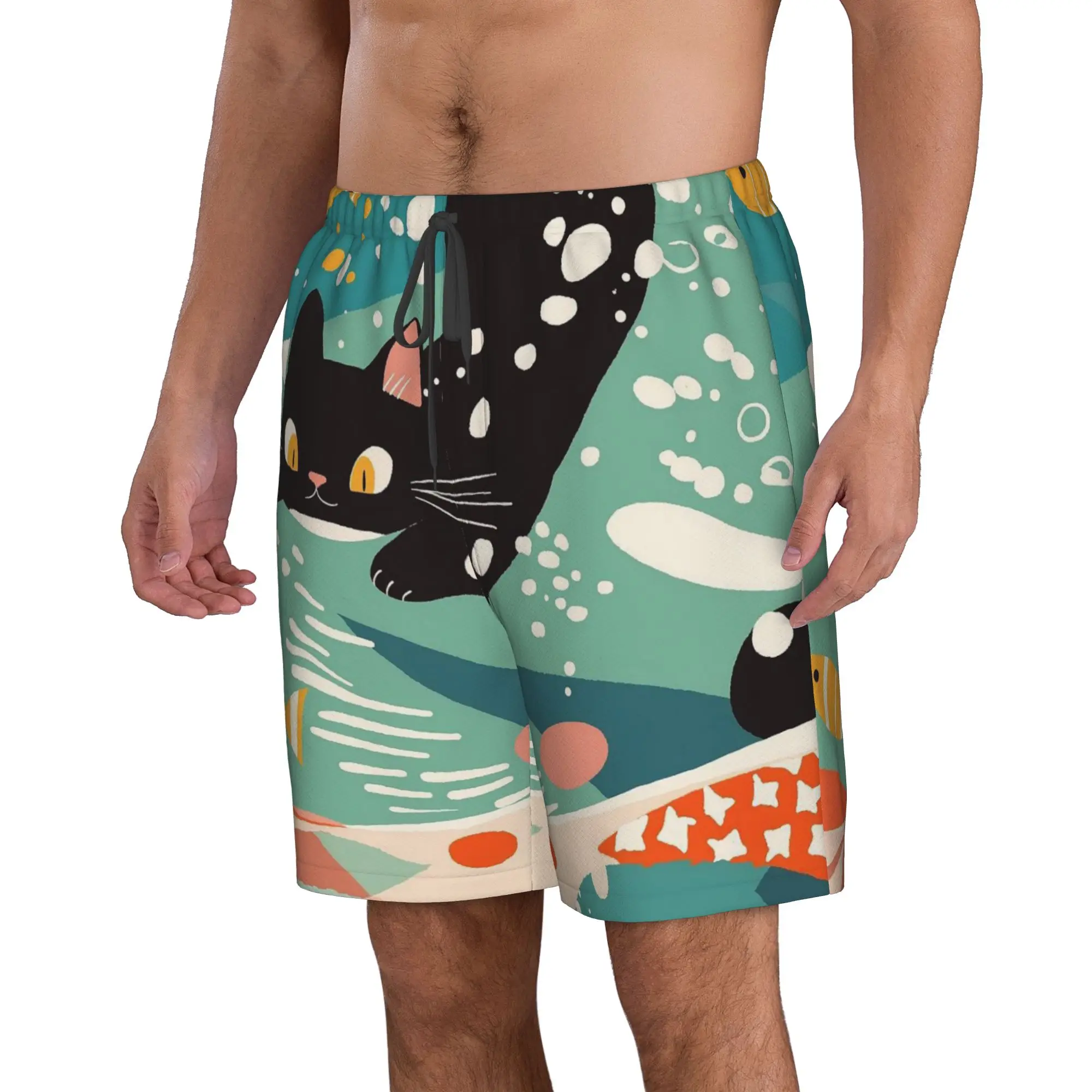 Black Cat Peeking Into Water Staring at Swimming Small Fish Trunks Beach Board Shorts Casual Quick Dry Swim Summer Men Pants